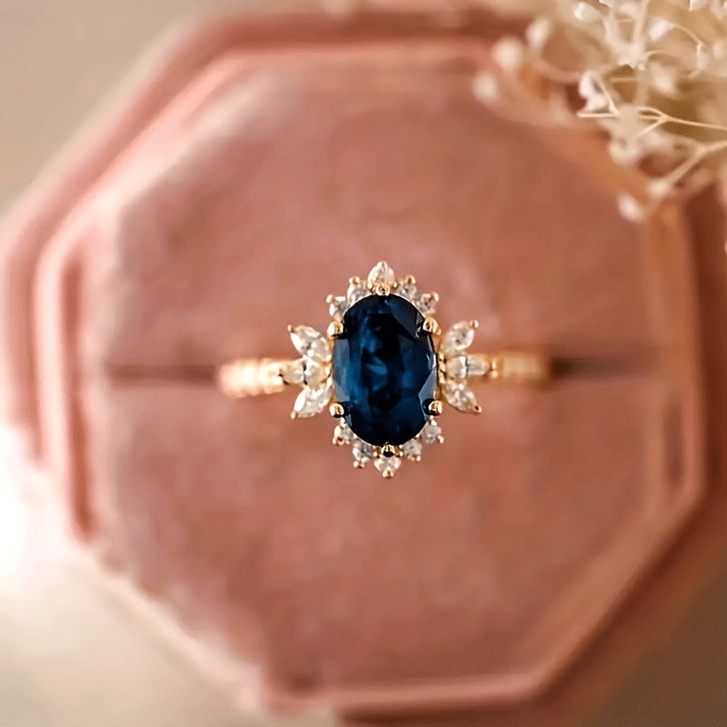 Custom Oval-Cut Sapphire Vintage Floral Halo Ring