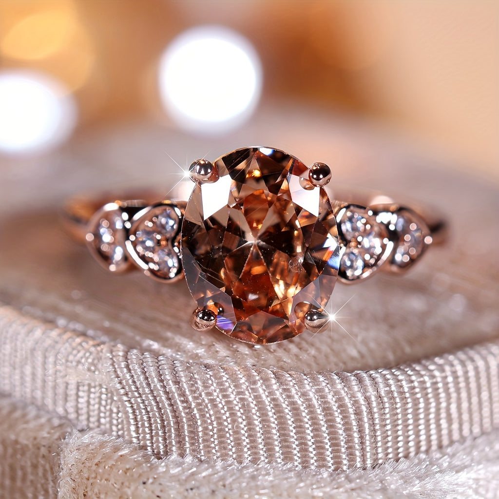 Custom Oval-Cut Champagne Gemstone Heart Accent Ring