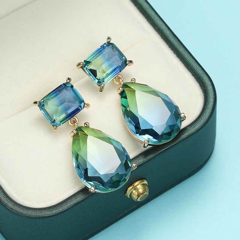 Custom Emerald & Pear-Cut Bi-Color Crystal Drop Earrings