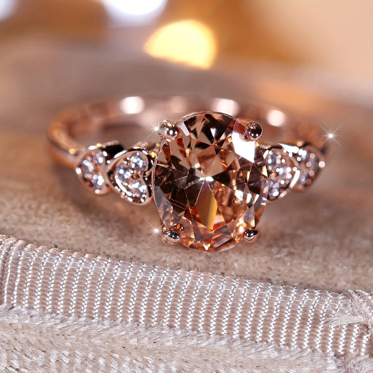 Custom Oval-Cut Champagne Gemstone Heart Accent Ring