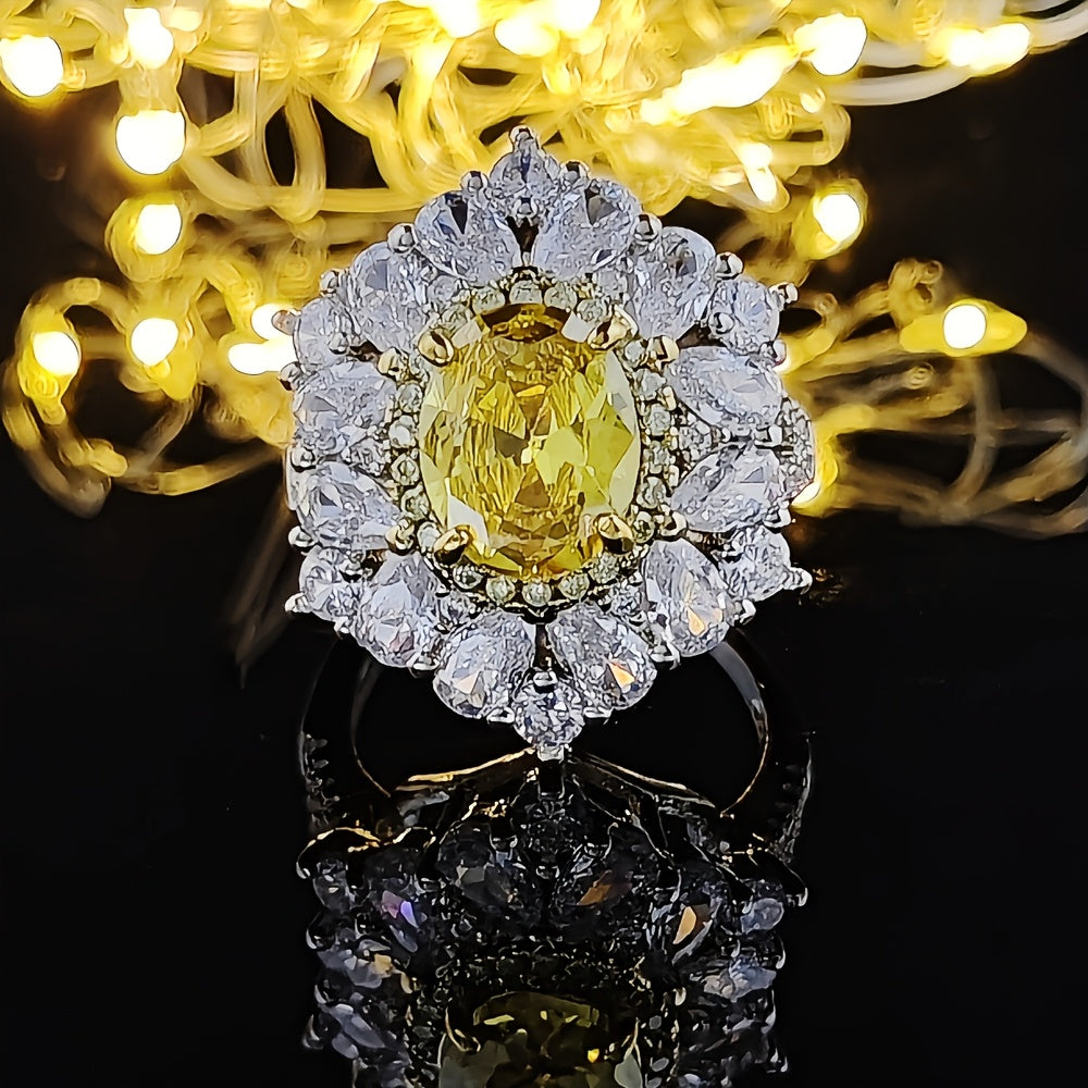 Custom Oval-Cut Yellow Sapphire Double Halo Statement Ring