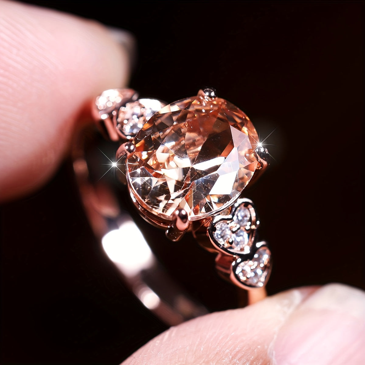 Custom Oval-Cut Champagne Gemstone Heart Accent Ring